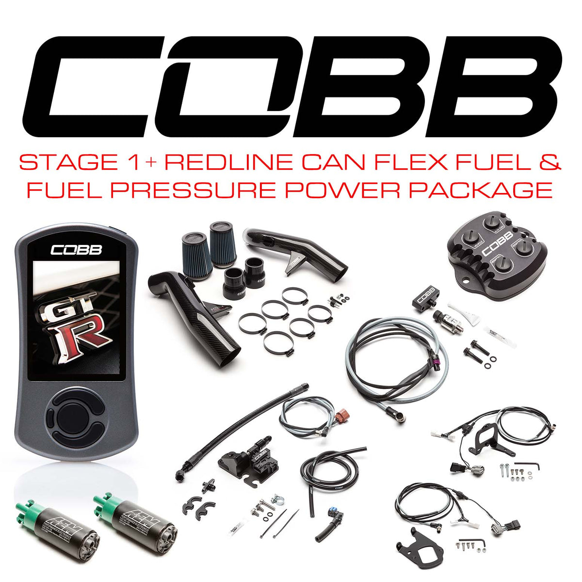 Cobb 15-18 Nissan GT-R Stage 1+ Redline Carbon Fiber CAN Flex Fuel &amp; Fuel Pressure Power Pkg w/TCM Flashing (Right Hand Drive) - NIS008011PCFFFP-RHD
