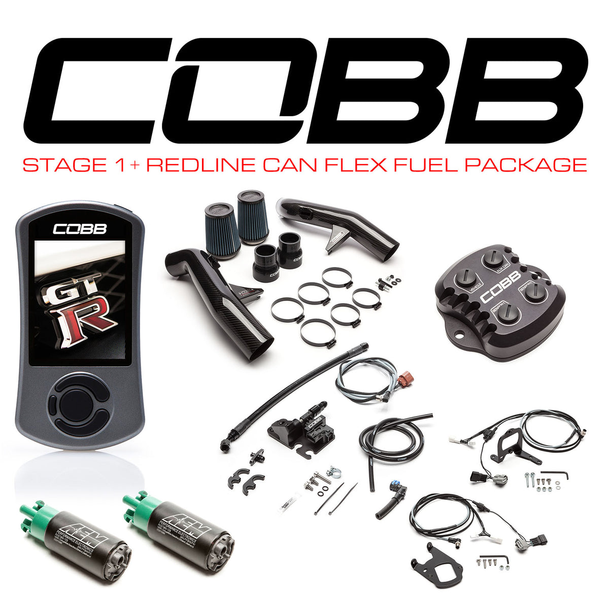 Cobb 15-18 Nissan GT-R Stage 1+ Redline CF CAN Flex Fuel Power Package w/TCM Flashing (Right Hand Drive) - NIS008011PCFFF-RHD