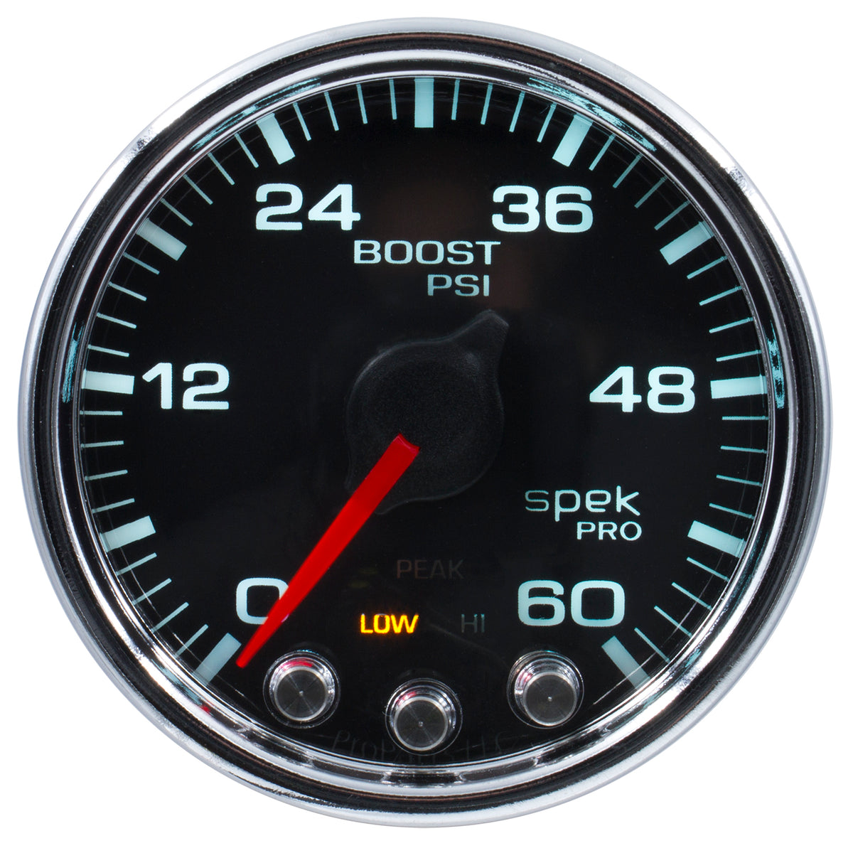 Autometer Spek-Pro Gauge Boost 2 1/16in 60psi Stepper Motor W/Peak & Warn Blk/Chrm - P30431