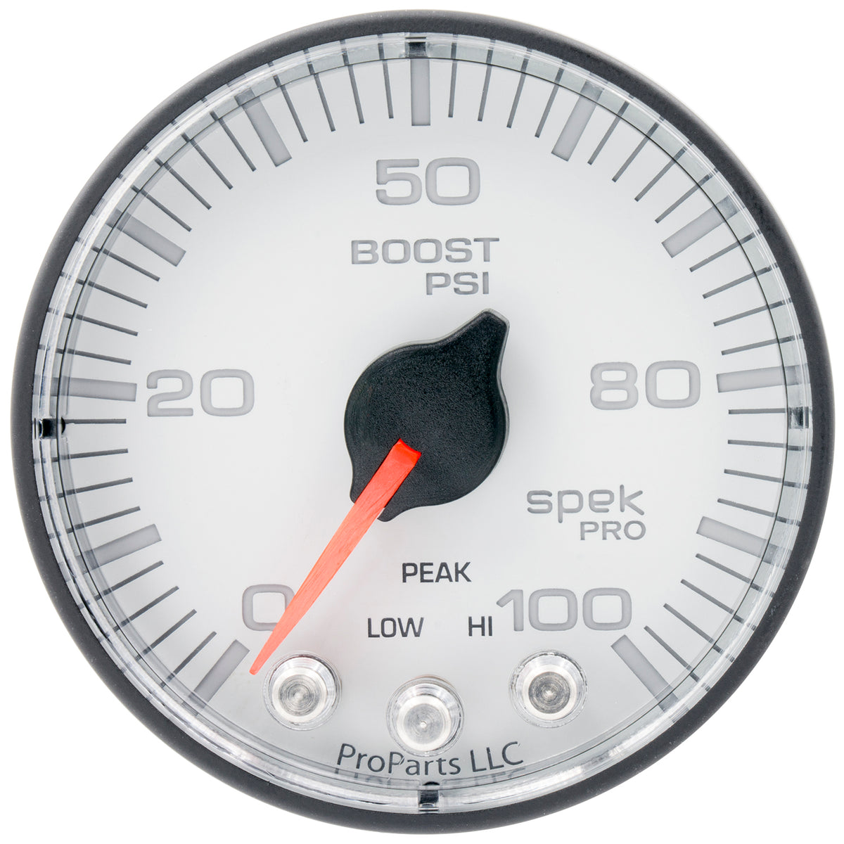 Autometer Spek-Pro 2 1/16in 100PSI Stepper Motor W/Peak & Warn White/Black Boost Gauge - P305128