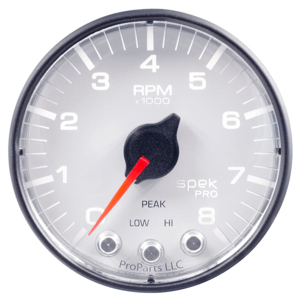 Autometer Spek-Pro Gauge Tach 2 1/16in 8K Rpm W/ Shift Light & Peak Mem Wht/Blk - P334128