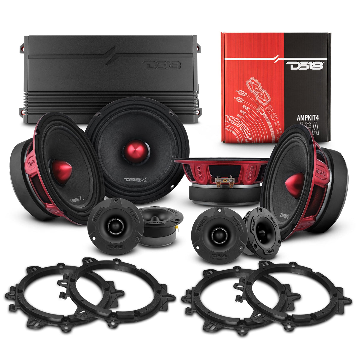 DS18 PRO Audio 6.5in Speaker Upgrade Kit With OEM Speaker Adapters + Amplifier + Wiring Kit - PKG-PROX62 - front view