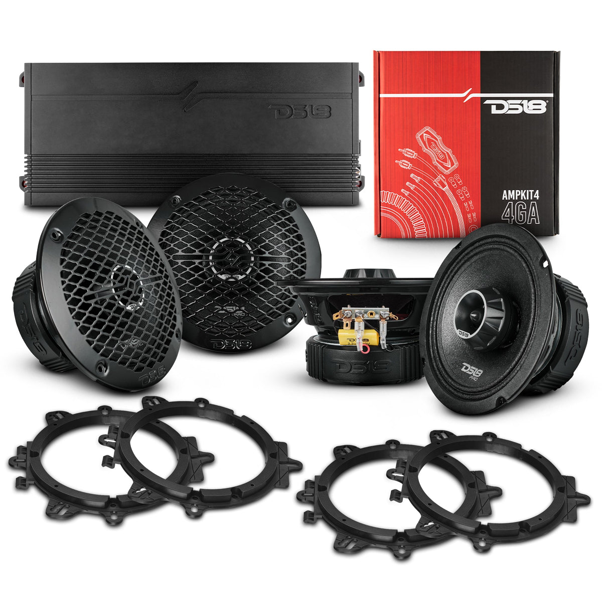 DS18 6.5in PRO Midrange Coaxial Speakers with Amplifier and OEM Adapters - PKG-PROZT62 - front view