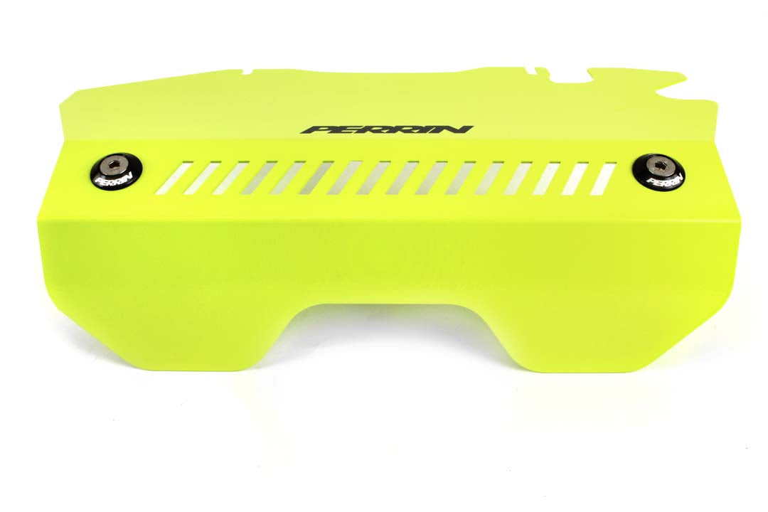 PERRIN Neon Yellow Pulley Cover for 2015-2021 Subaru WRX - angle view