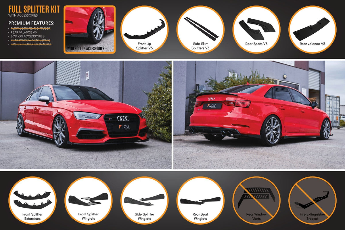 Flow Designs - S3 8V Sedan Pre-Facelift V3 Full Lip Splitter Set