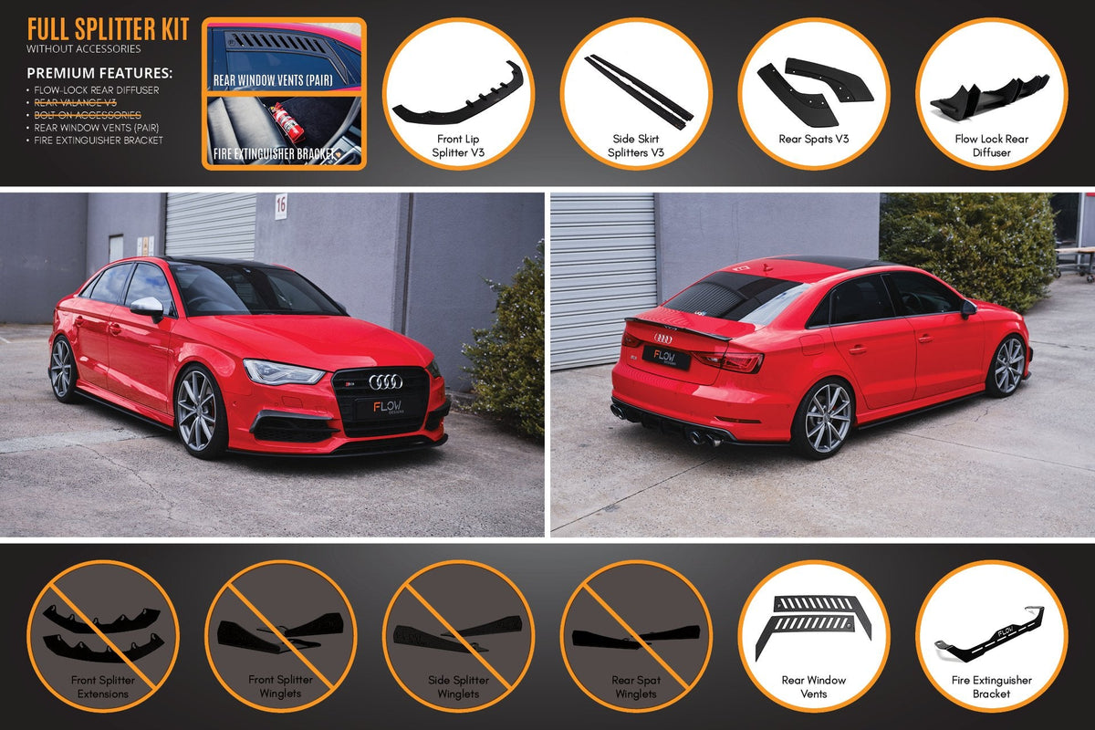 Flow Designs - S3 8V Sedan Pre-Facelift V3 Full Lip Splitter Set
