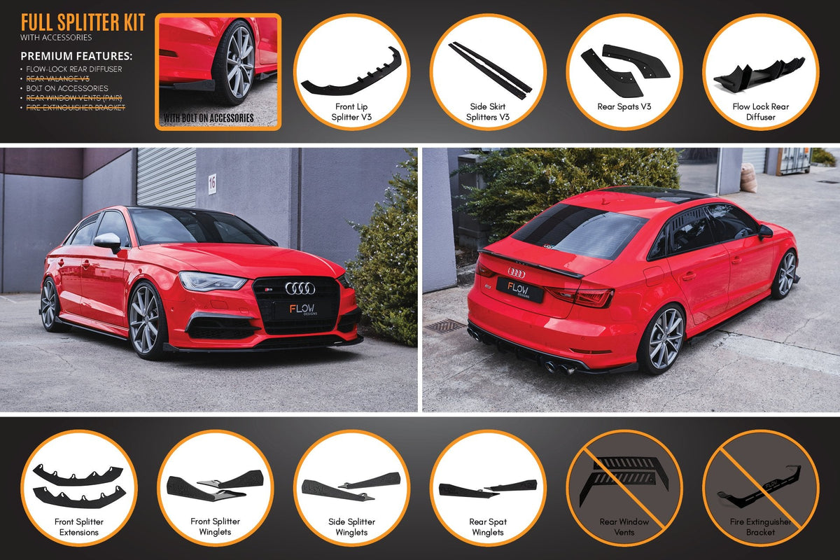 Flow Designs - S3 8V Sedan Pre-Facelift V3 Full Lip Splitter Set