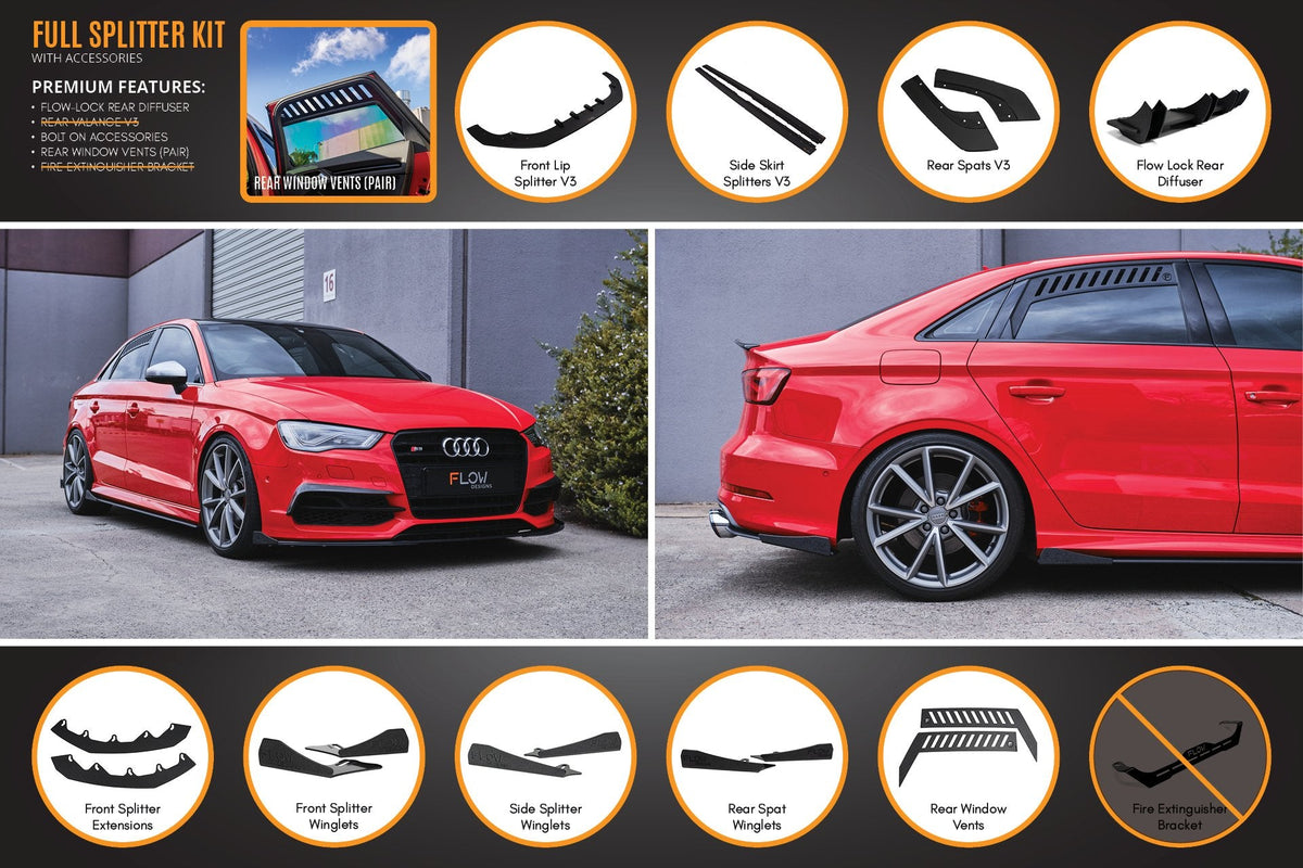 Flow Designs - S3 8V Sedan Pre-Facelift V3 Full Lip Splitter Set