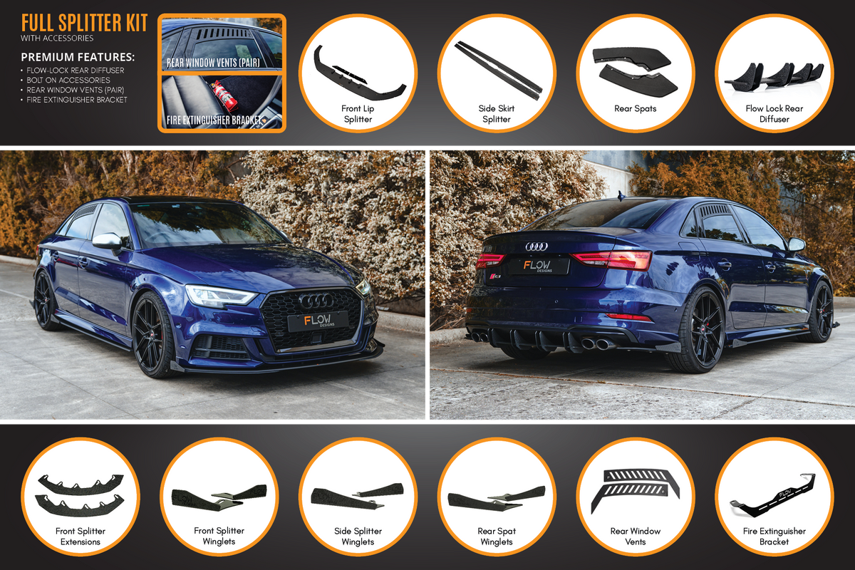 Flow Designs - S3 8V Sedan Facelift Full Lip Splitter Set