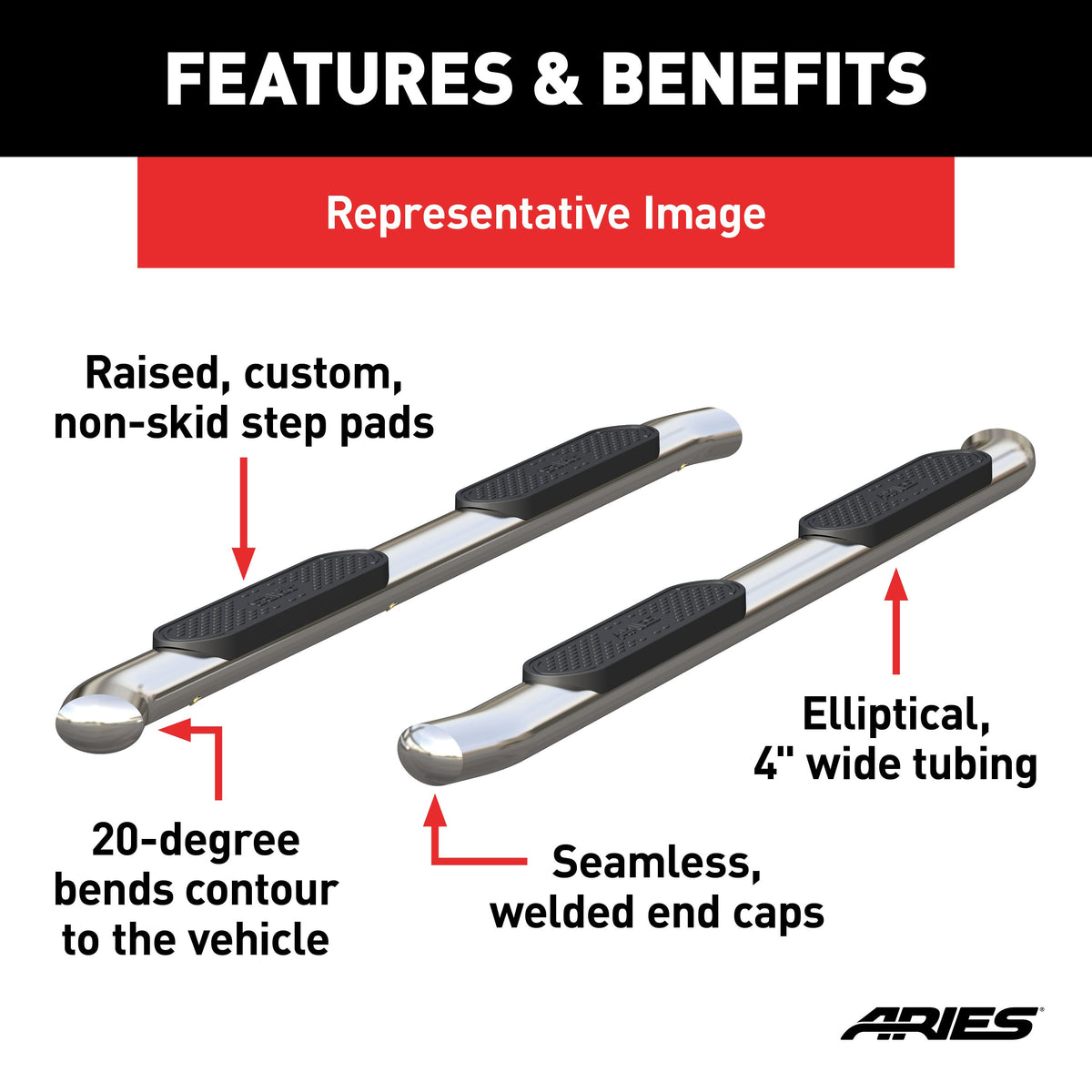 ARIES S224051-2 4-Inch Oval Polished Stainless Steel Nerf Bars, Select Chevrolet Colorado, GMC Canyon Crew Cab