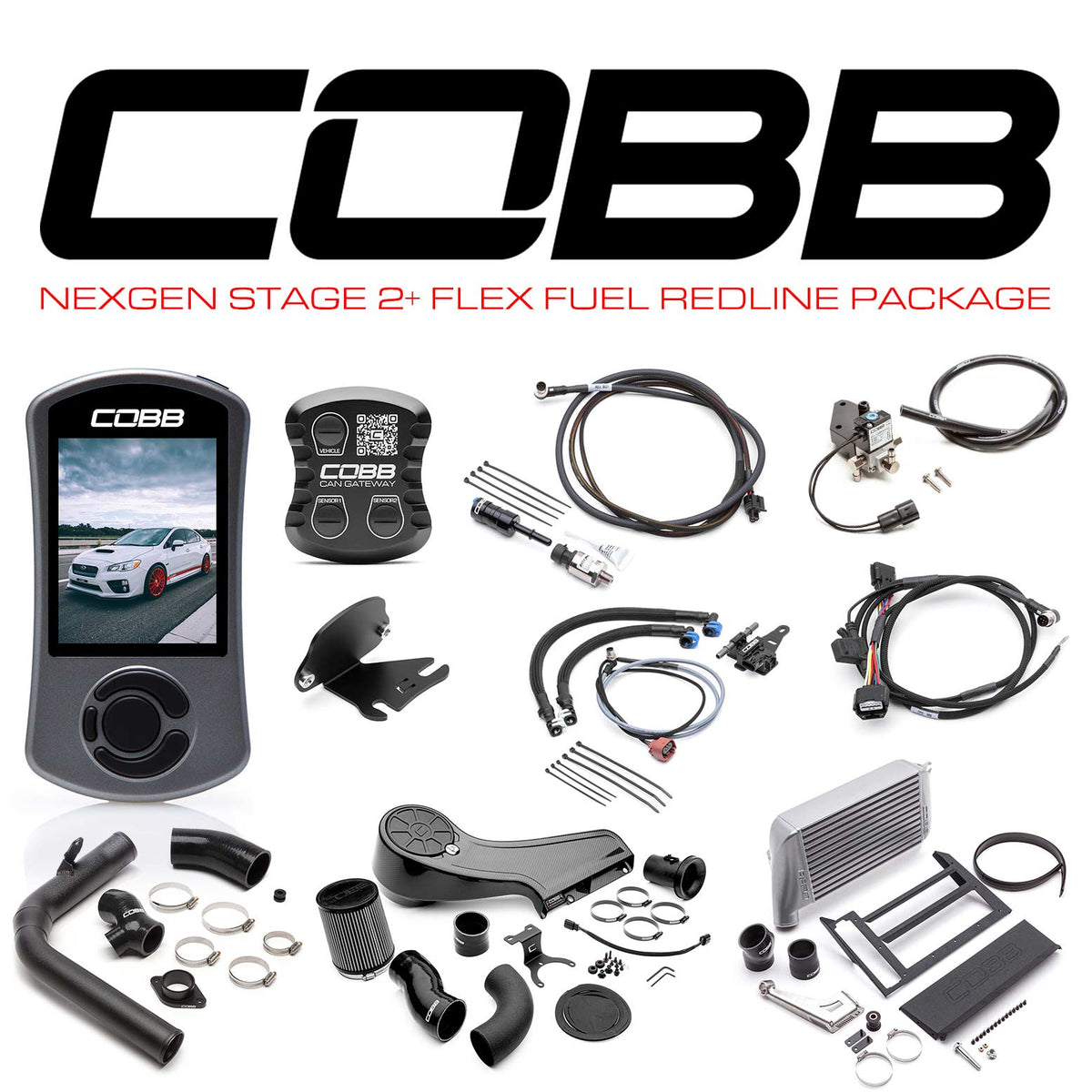 Cobb 15-17 Subaru WRX NexGen Stage 2 + CAN Flex Fuel Redline Carbon Fiber Power Package - Silver - SUB004NG2W-SL1FF-RED