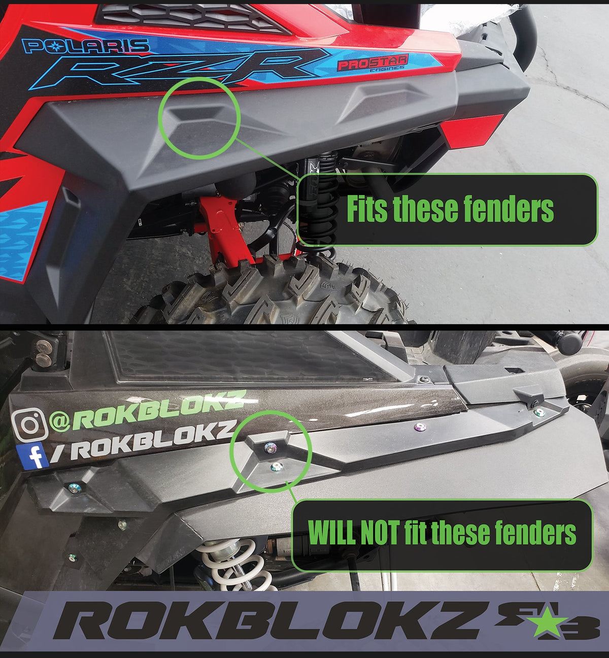 RokBlokz Polaris RZR S 900 & RZR S 1000 2015-2019 Mud Flaps / Fender Extensions, Front & Rear