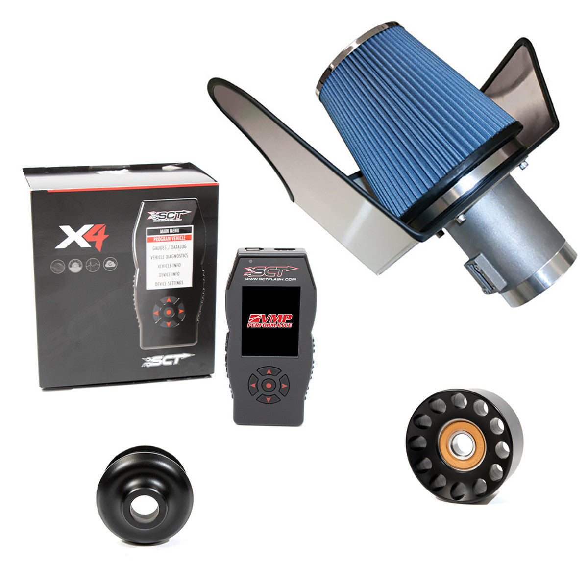 VMP '05-'09 Mustang GT w/ Pressed-Pulley Roush M90 Stage 1 Power Pack - 2.49" Pulley, Idler, Steeda Cold Air, SCT X4, and Cus