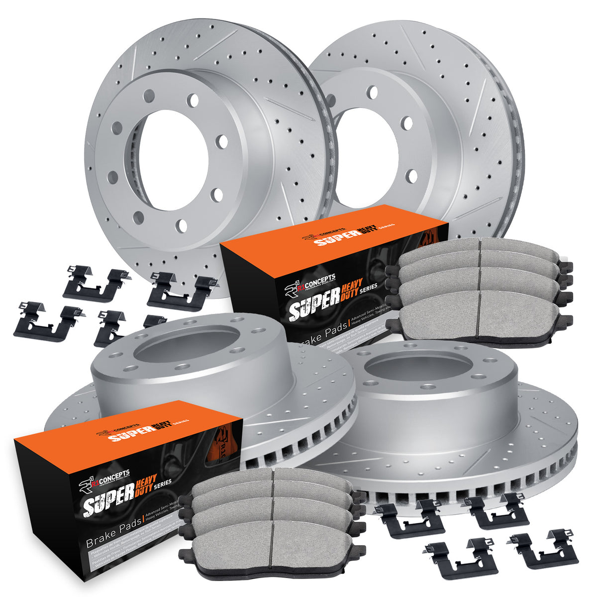 R1 Concepts 09-18 Dodge Ram 2500/3500/4000 Front and Rear D&S Carbon Coated Rotors & Super Duty Pads - WBXH2-40070 - front view