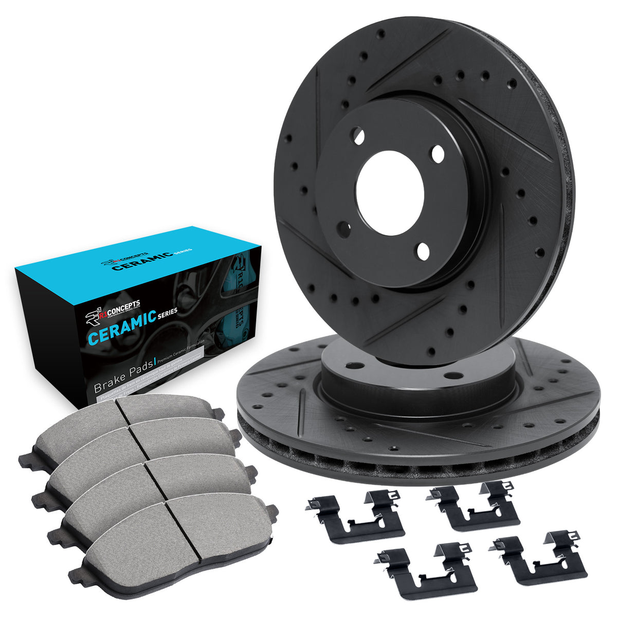 R1 Concepts 12-19 Fiat 500 Drilled & Slotted Rotor Set w/ Ceramic Pads and Hardware - WHWH1-07010 - front view