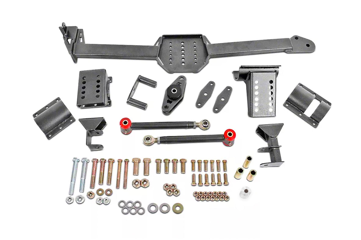 BMR 05-14 S197 Mustang Body Mount Watts Link Rod End/Poly w/ Adj. Axle Clamps - Black Hammertone - WL005H