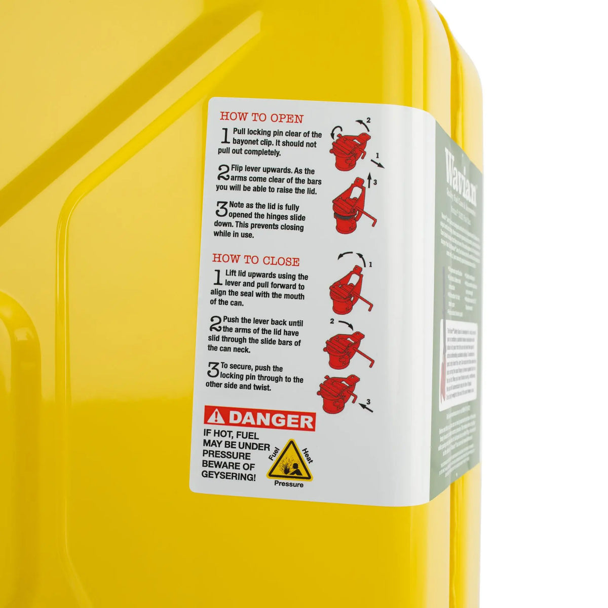 Wavian Yellow 10 litre steel jerry can 3025 — label detail