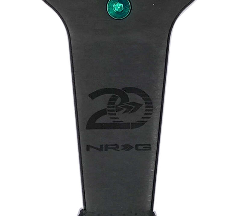 NRG Steering Wheel 1.5in Dish 350mm Black Perforated Leather - Emerald Stitching - Reinforced Spoke - RST-037MB-B-20 - close-up view 2 3 4 5