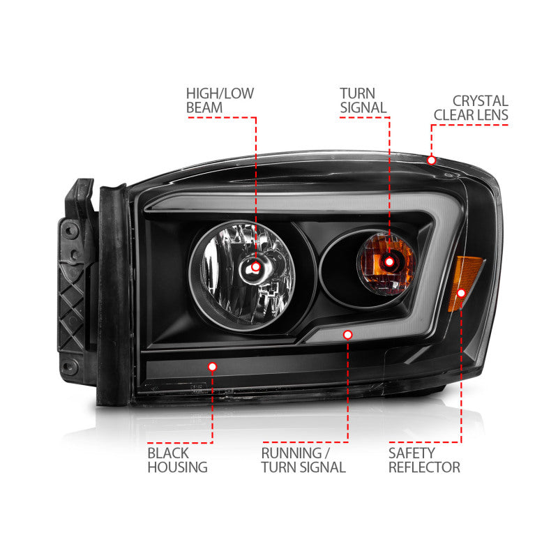 Anzo 06-09 Dodge RAM 1500/2500/3500 Headlights Black Housing/Clear Lens (w/Switchback Light Bars) - 111526