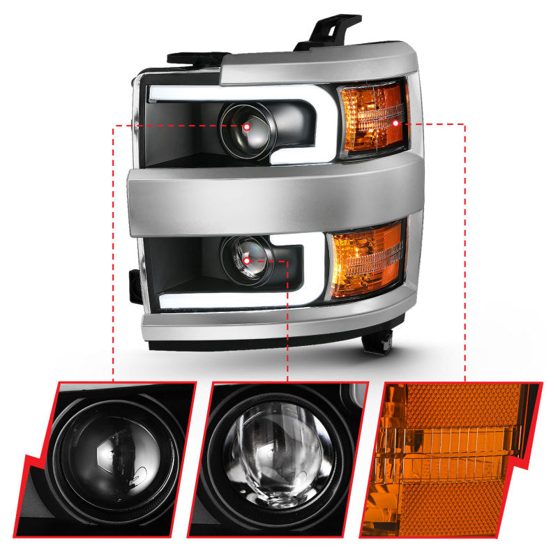 ANZO 2015-2016 Chevrolet Silverado Projector Headlights w/ Plank Style Design Black w/ Amber - 111359