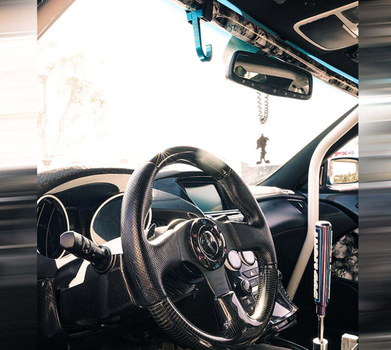 NRG Steering Wheel Hook CNC Aluminum w/ Laser Logo - Blue - STR-100BL - close-up view