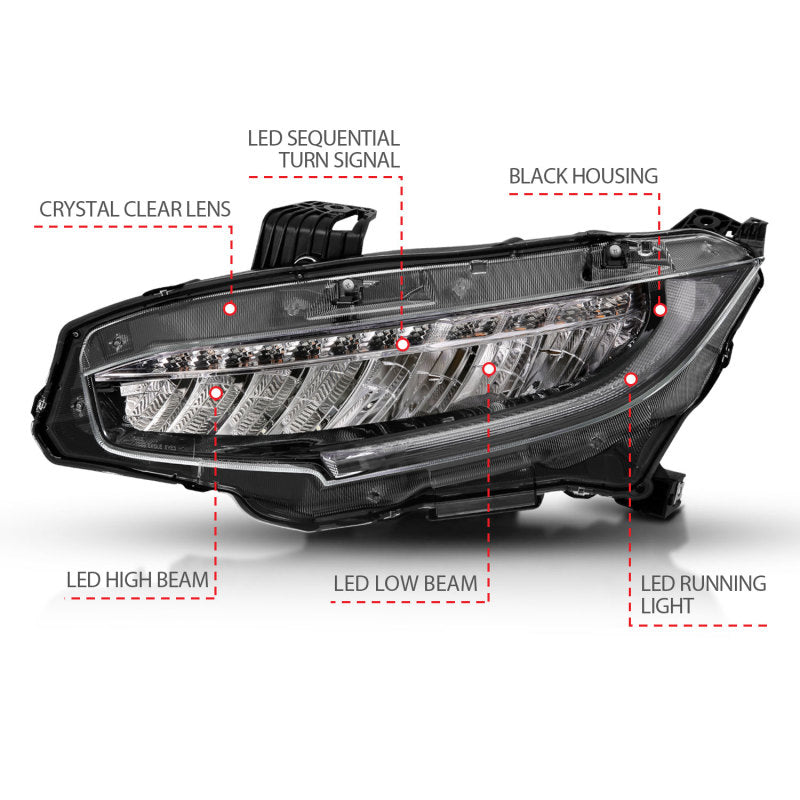 ANZO 16-17 Honda Civic Projector Headlights Plank Style Black w/Amber/Sequential Turn Signal - 121527