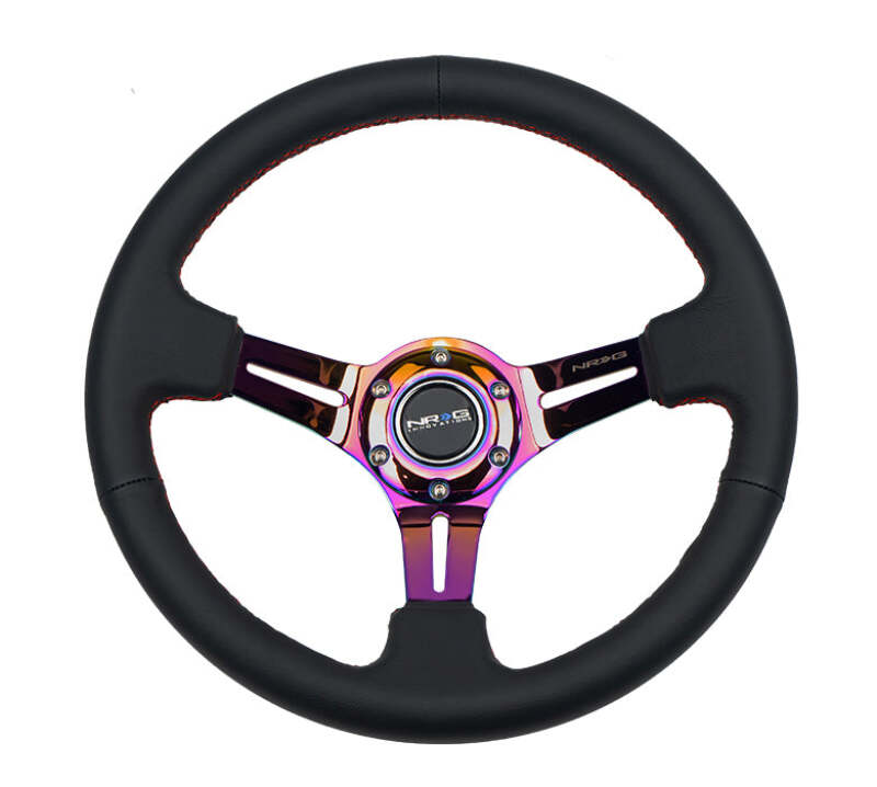NRG Reinforced Steering Wheel (350mm / 3in. Deep) Blk Leather/Red Stitch w/Neochrome Slits - RST-018R-MCRS - close-up view 2