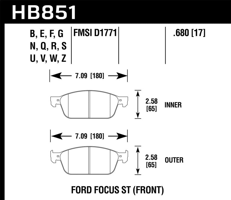 Hawk 15-18 Ford Focus ST Performance Ceramic Street Brake Pads - Front - HB851Z.680