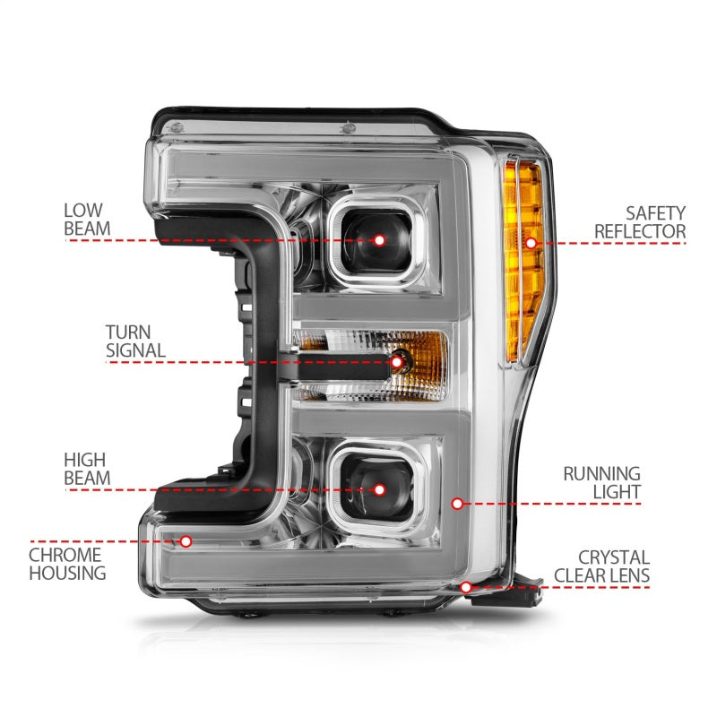 ANZO 17-19 Ford F-250/350/450 SD (w/o Factory LED HL) LED Proj Headlights w/Light Bar Switchback Chr - 111578