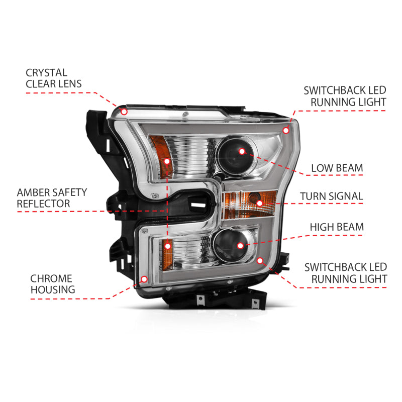 ANZO 2015-2017 Ford F-150 Projector Headlights w/ Plank Style Switchback Chrome w/ Amber - 111358
