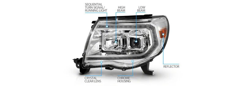 Raxiom 05-11 Toyota Tacoma Axial Series Switchback Proj Headlights- Chrome- Clear Lens - TT23362 - close-up view
