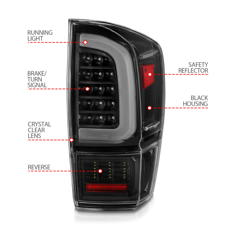 ANZO 16-21 Toyota Tacoma LED Tail Lights - w/ Light Bar Sequential Black Housing &amp; Clear Lens - 311400