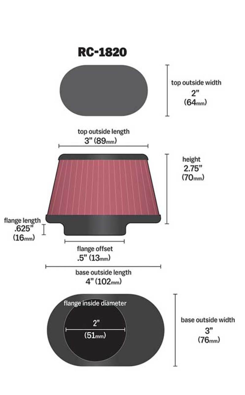 K&amp;N Filter Universal Clamp-On Filter 2in Flange / 2-23/32in Base / 3in x 2in Top / 2-3/4in Height - RC-1820