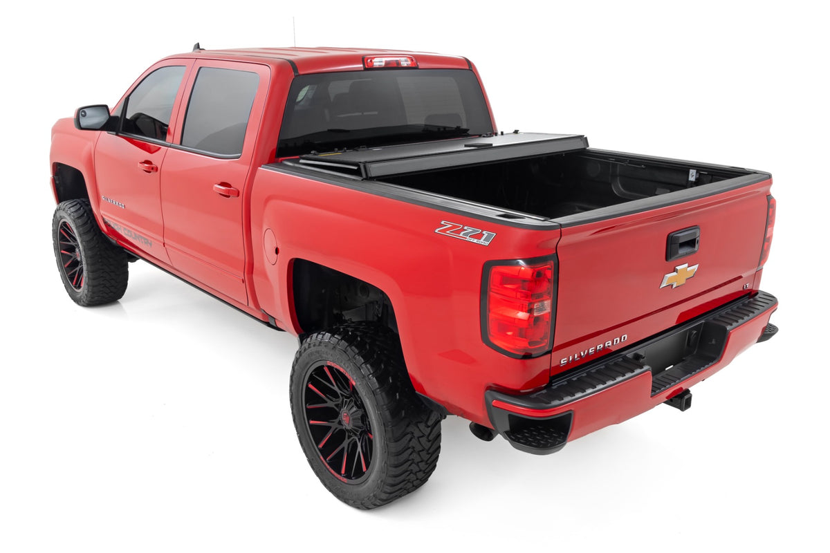 Rough Country - Hard Tri-Fold Flip Up Bed Cover - 6'7" Bed - Rail Cap - Chevy/GMC 1500/2500HD/3500HD (14-19) - 49119651 by Ro