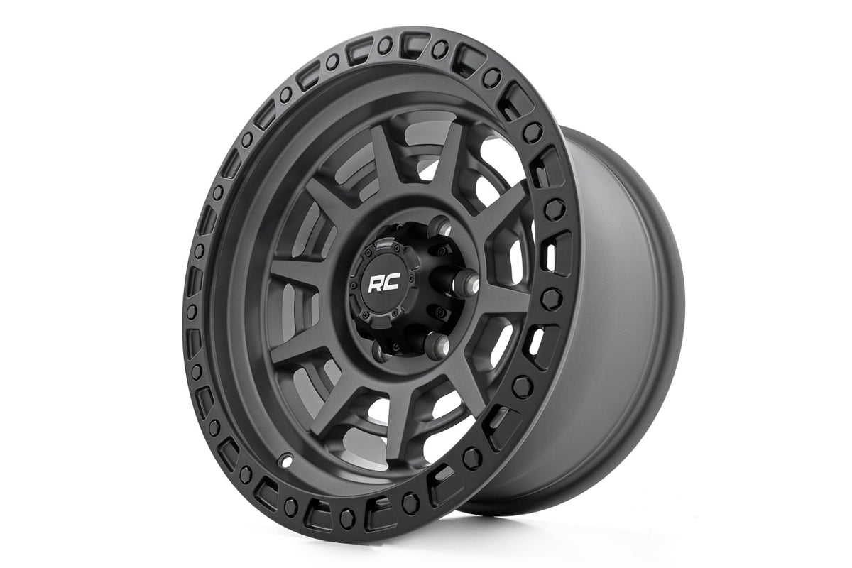 Rough Country 85 Series Wheel/Simulated Beadlock/Gunmetal Gray/Black/17x9/6x5.5 -+25mm - 85172512 for 1969-1994 Chevrolet Bla
