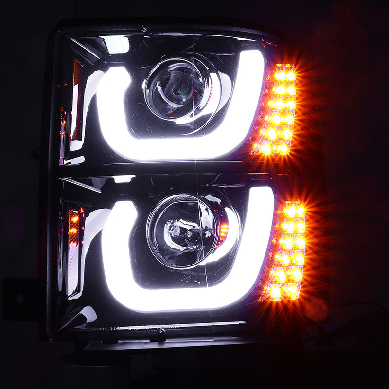 Spec-D Tuning - 2014-2015 Chevrolet Silverado 1500 LED U-Bar Projector Headlights w/ LED Turn Signal Lights (Glossy Black Housing/Smoked Lens) - 2LHP-SIV14G-TM