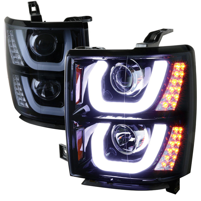 Spec-D Tuning - 2014-2015 Chevrolet Silverado 1500 LED U-Bar Projector Headlights w/ LED Turn Signal Lights (Glossy Black Housing/Smoked Lens) - 2LHP-SIV14G-TM