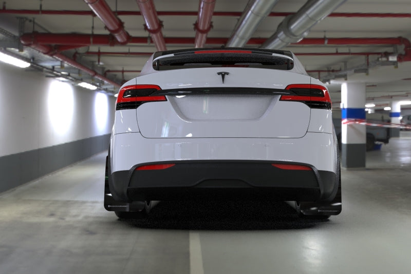 Rally Armor 22-24 Tesla Model X Black UR Mud Flap w/White Logo - MF102-UR-BLK/WH