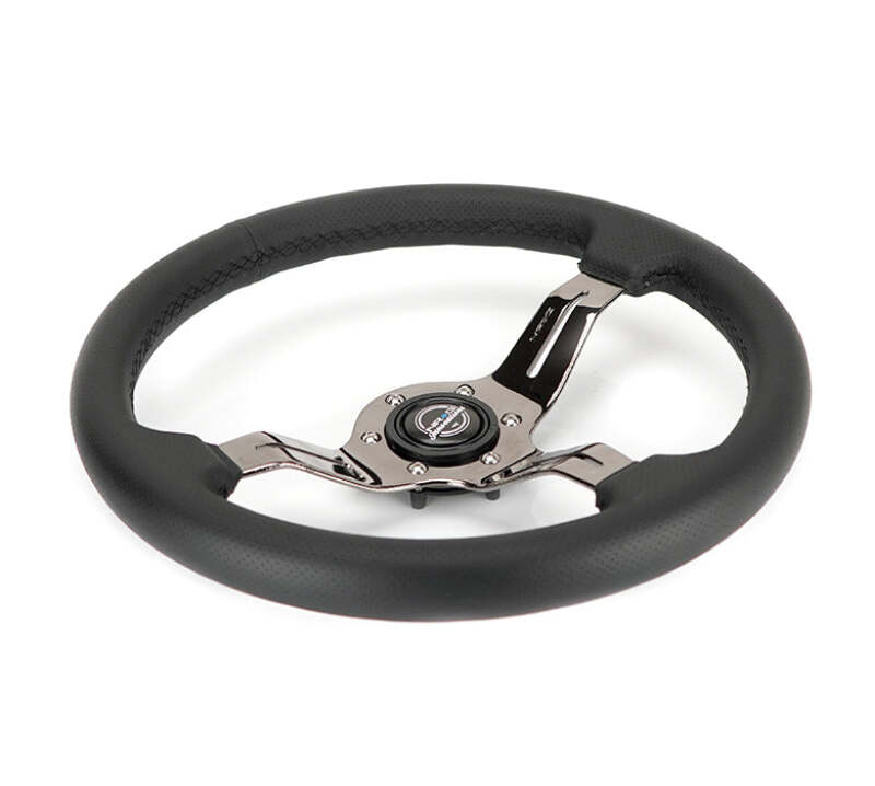 NRG Light Weight Gaming Steering Wheel - 350mm 3 Black Chrome Spokes Perforated Leather - ST-010BC-PR - close-up view 2
