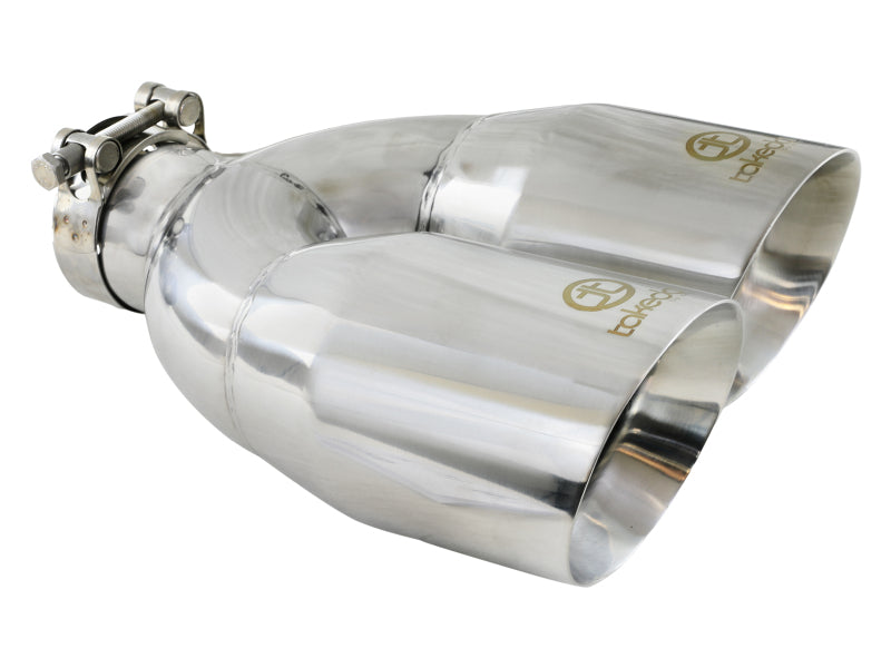 aFe Takeda 2.5in 304 Stainless Steel Clamp-on Tip Passenger Side 2.5in Inlet 4inDual - Polished - 49T25484-P121