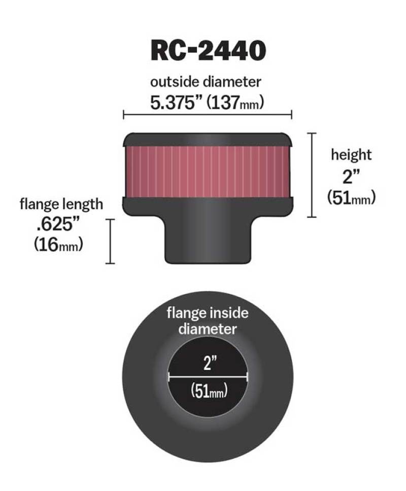 K&amp;N Universal Round Clamp-On Air Filter 2in. Flange / 5-3/8in. OD / 2in. Height - RC-2440