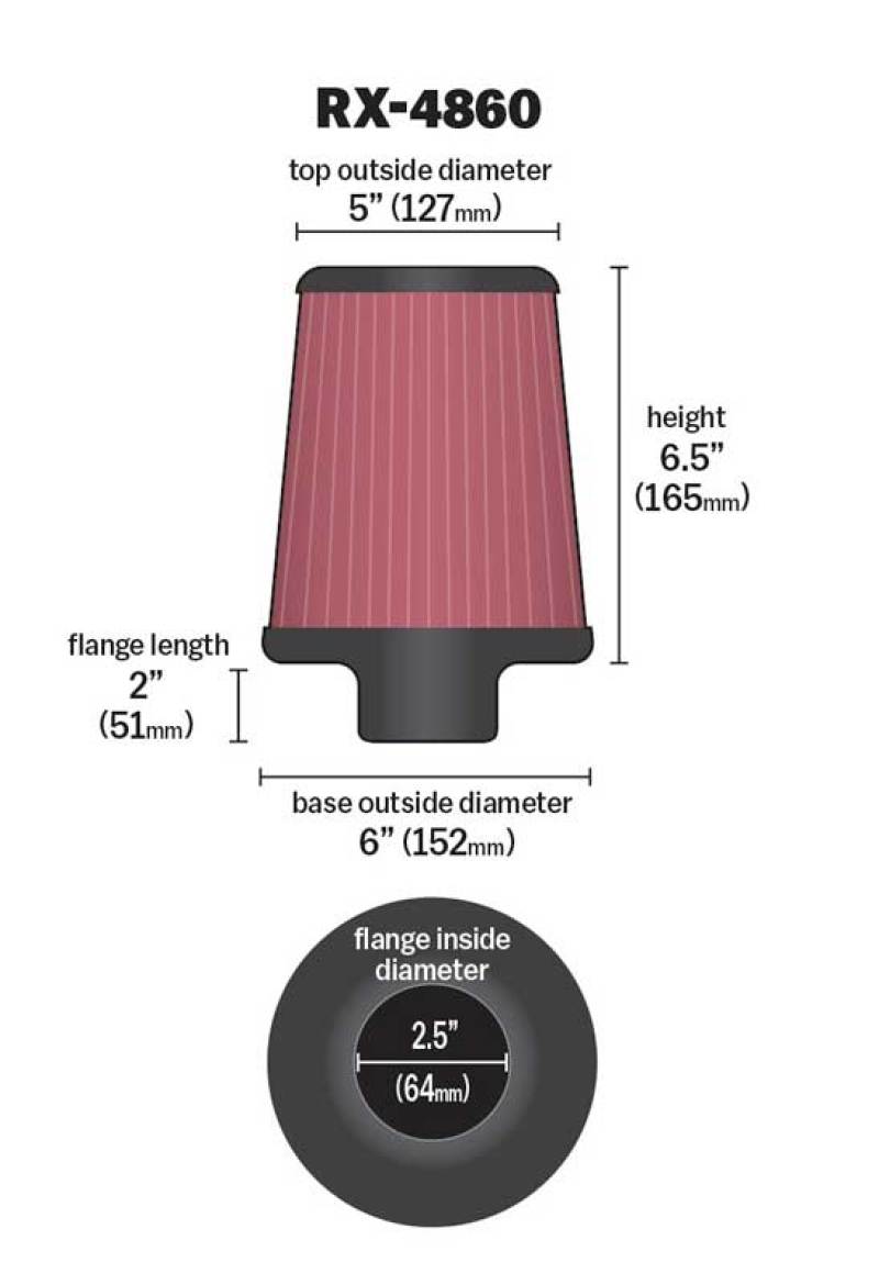 K&amp;N Filter Universal X-Stream Clamp-On Round Tprd 2.5in Flng ID x 6in Base OD x 5in Top OD x 6.5in H - RX-4860