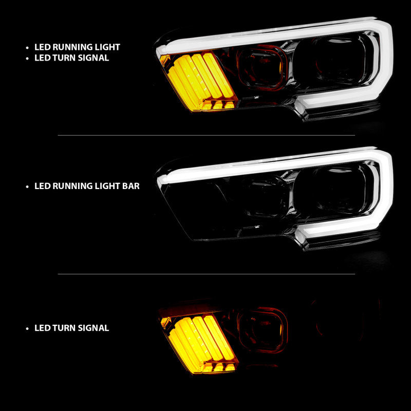 ANZO 2016-2017 Toyota Tacoma Projector Headlights w/ Plank Style Design Chrome/Amber w/ DRL - 111380