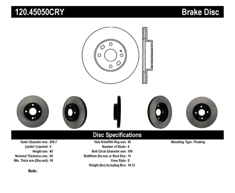 Centric 94-05 Mazda Miata MX-5 (Normal Suspension) Front CryoStop Rotor - 120.45050CRY