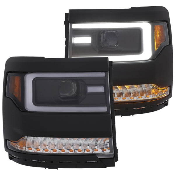 ANZO 16+ Chevy Silverado 1500 Projector Headlights Plank Style Black w/Amber/Sequential Turn Signal - 111375 for 2016-2018 Ch