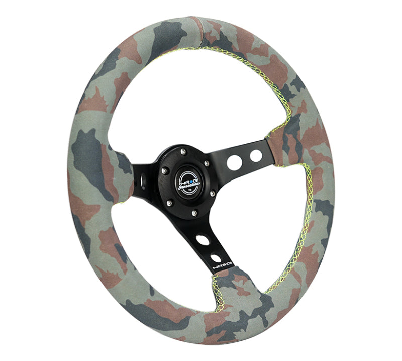 NRG Reinforced Steering Wheel (350mm / 3in. Deep) Camo Suede Mark w/ Neon Grn stitching & Blk Spoke - RST-006MB-S-CAMO - angle view