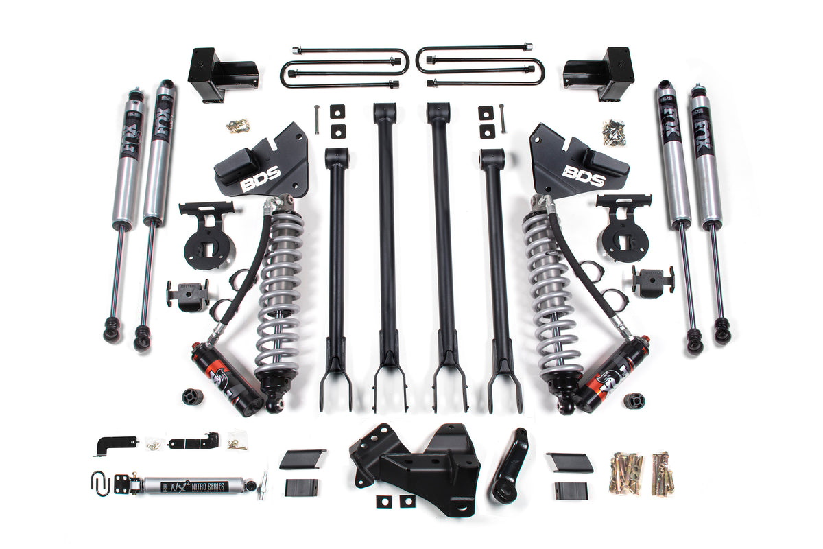 BDS Suspension 4" 4-LINK Lift Kit With FOX 2.5 Coil-overs & FOX 2.0 Shocks And 5" Rear Blocks | 17-19 Super Duty 4WD Diesel With 3 Leaf Main Rear Leaf Springs