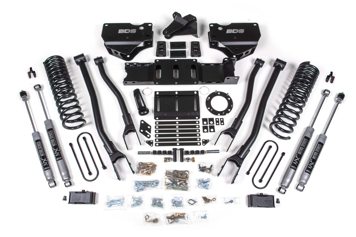 BDS Suspension 4" 4-LINK Lift Kit With FOX 2.5 Performance Elite Shocks And 3" Rear Blocks | 19-24 Ram 3500 4WD Gas With Factory Rear Overload Leafs | With 6-BOLT Transfer Case Indexing Ring