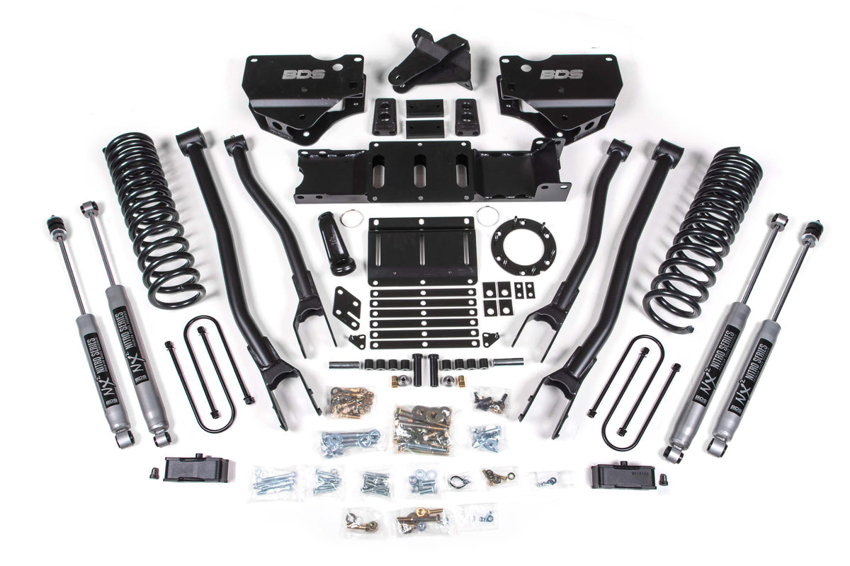 BDS Suspension 4" 4-LINK Lift Kit With FOX 2.0 Shocks And 2" Rear Blocks | 19-24 Ram 3500 4WD Gas With Factory Rear Overload Leafs | With 6-BOLT Transfer Case Indexing Ring