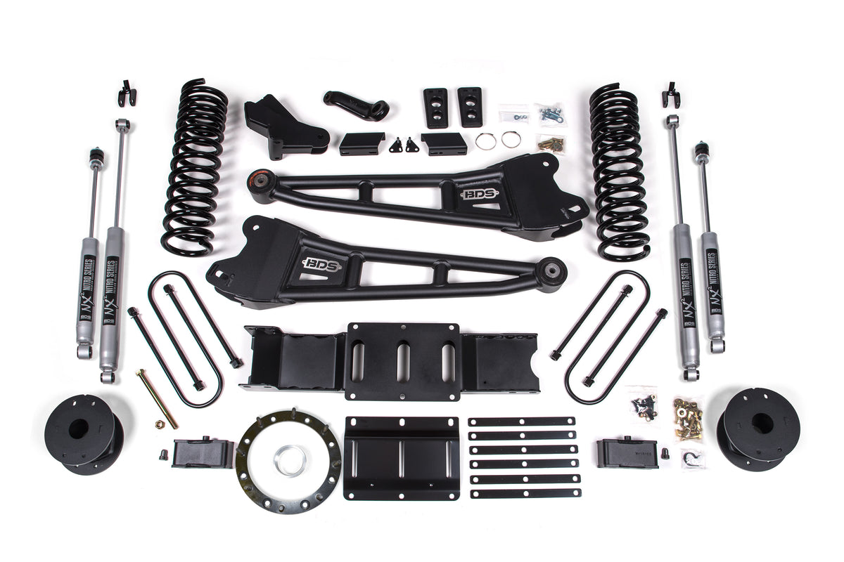 BDS Suspension 4" Radius Arm Lift Kit With NX2 Shocks And 2" Rear Blocks | 19-24 Ram 3500 4WD Gas Without Factory Rear Overloads Leafs With 6-BOLT Transfer Case Indexing Ring